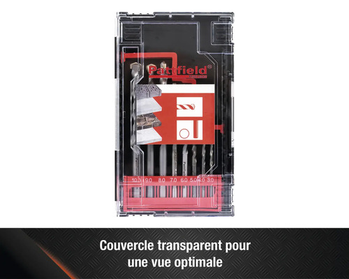 Set de forets à pierre Pattfield dans une boîte transparente avec indications de taille