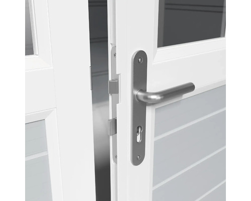 Porte blanche ouverte avec poignée et serrure argentées
