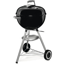 Barbecue à charbon de bois noir avec couvercle, poignée, bac de récupération des cendres et roues