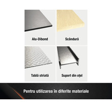 Auswahl verschiedener Materialien: Aluminiumverbundplatte, Holzbrett, Riffelblech, Stahlträger