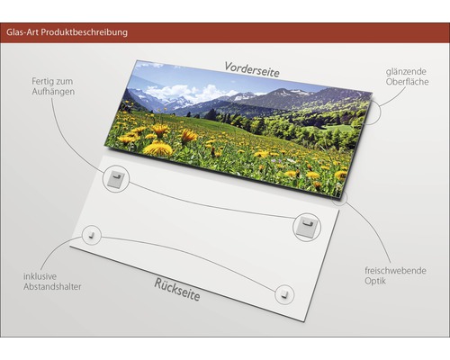 Glasbild mit Berglandschaft, glänzender Oberfläche, inklusive Abstandshalter und Aufhängung