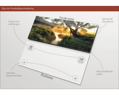 Glasbild mit Landschaftsmotiv, inklusive Abstandshalter zur Wandmontage