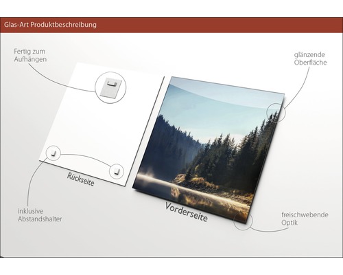 Glasbild mit glänzender Oberfläche, rückseitiger Aufhängung und Abstandshalter
