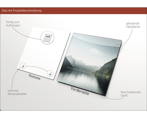 Glasbild Produktbeschreibung: Rückseite mit Aufhängung und Abstandshalter, Vorderseite mit glänzender Oberfläche