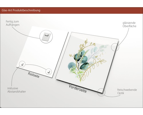 Glasbild mit Pflanzenmotiv, inklusive Wandhalterung