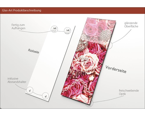 Glasbild mit Rosen und Schmuck, inklusive Abstandshalter und Aufhängevorrichtung