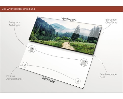 Glasbild mit Bergsee-Motiv, glänzender Oberfläche und Abstandshalter zur Wandmontage