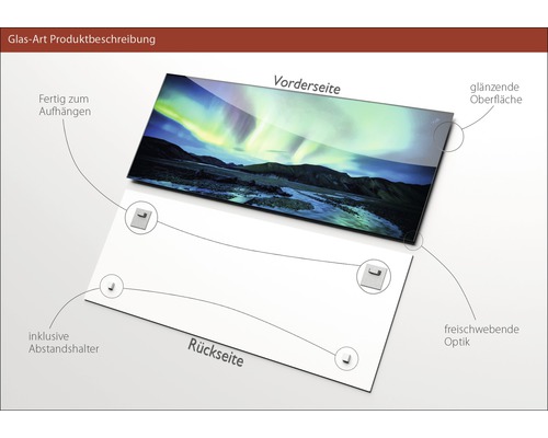 Glasbild mit Landschaftsmotiv, inklusive Abstandshalter zur Wandmontage