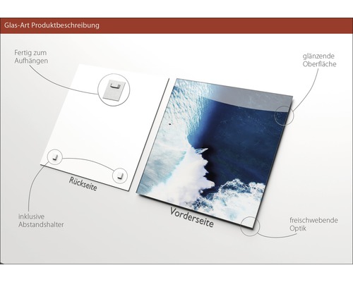 Glasbild mit glänzender Oberfläche, inklusive Abstandshalter zur Aufhängung