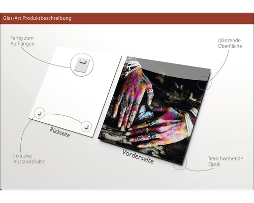 Glasbild mit Händen, Ringen und Schmetterling, inklusive Abstandshalter, Rückseite mit Aufhängung, glänzende Oberfläche