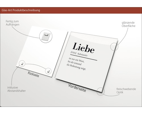 Glasbild mit dem Wort Liebe und einer Definition, inklusive Aufhängevorrichtung und Abstandshalter