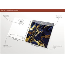 Glasbild mit abstraktem Muster in Blau und Gold, inklusive Aufhängung und Abstandshalter