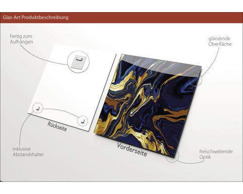 Glasbild mit abstraktem Muster in Blau und Gold, inklusive Aufhängung und Abstandshalter