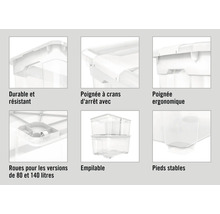 Détails d'une boîte de rangement transparente mettant en évidence ses caractéristiques : robustesse, poignée à cran d'arrêt, conception ergonomique, roues pour les versions de 80 et 140 litres, empilabilité et stabilité