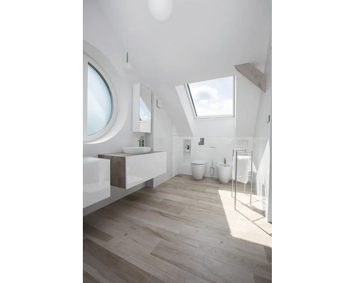 Salle de bain lumineuse avec fenêtre de toit, lavabo, toilettes et bidet