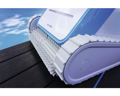 Robot de nettoyage de piscine Marimex avec entraînement à chenilles sur fond en bois