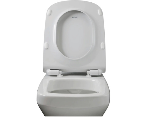 Toilette Duravit avec bride de rinçage ouverte et couvercle de toilette