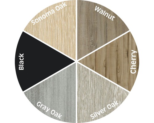Nuancier avec chêne Sonoma, noyer, cerisier, chêne argenté, chêne gris et noir
