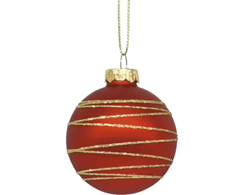 Boule de Noël rouge avec rayures dorées et suspension