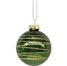 Grüne Weihnachtskugel mit goldenen Streifen und Aufhänger