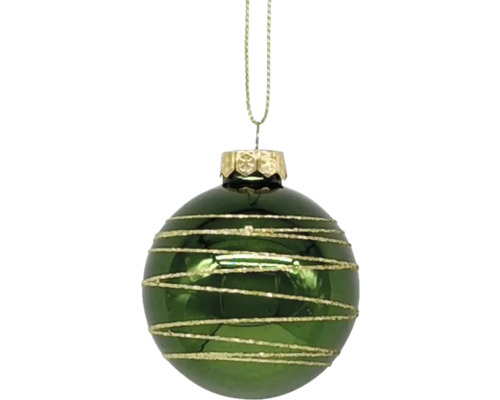 Grüne Weihnachtskugel mit goldenen Streifen und Aufhänger