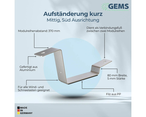 Kurze Aufständerung für Solarmodule aus Aluminium, geeignet für Wind- und Schneelasten