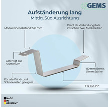 Lange Solarmodulaufständerung für mittige Südausrichtung mit einem Modulreihenabstand von 518 Millimeter, gefertigt aus Aluminium