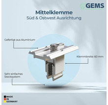 Mittelklemme aus Aluminium für Südausrichtung und Ostwestausrichtung mit 60 Millimeter Klemmbreite