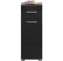 Meuble bas de salle de bains noir avec trois tiroirs et serviettes