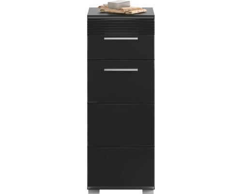 Meuble bas de salle de bains noir avec trois tiroirs et serviettes