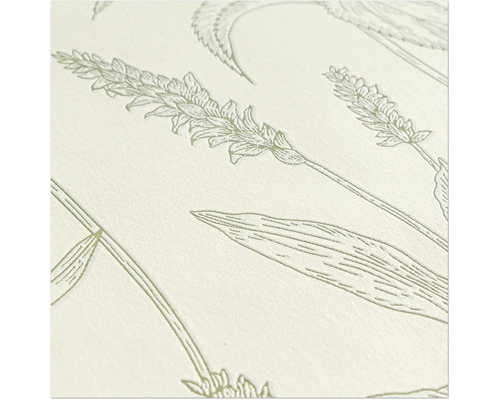 Gros plan d'un motif de papier peint avec des motifs de plantes et un héron