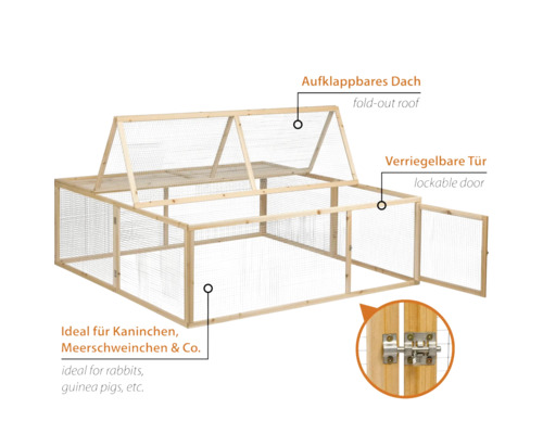 Parc extérieur en bois avec toit ouvrant et porte verrouillable pour petits animaux