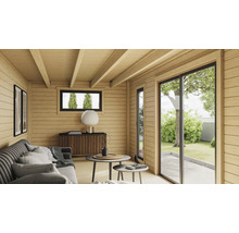 Maison de jardin en bois avec coin salon, canapé et porte de terrasse