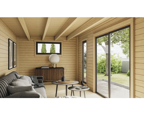 Maison de jardin en bois avec coin salon, canapé et porte de terrasse