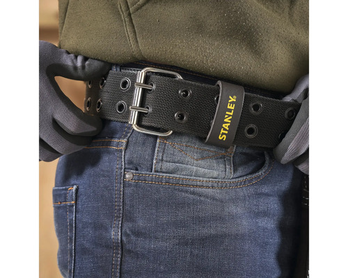 Ceinture à outils noire avec boucle métallique et logo Stanley