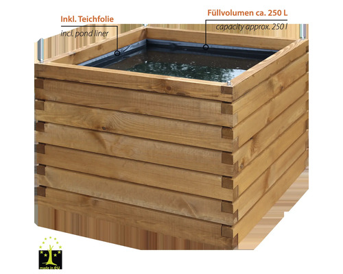 Hochteich aus Holz mit circa 250 Liter Füllvolumen inklusive Teichfolie