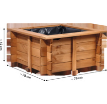 Quadratischer Pflanzkasten aus Holz, circa 42 Zentimeter hoch und 78 Zentimeter breit