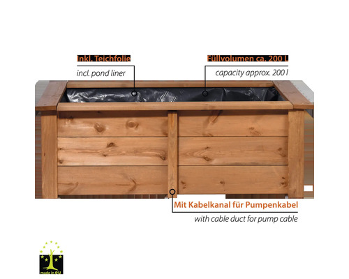 Holz Pflanzkasten mit Teichfolie und Kabelkanal für Pumpe, Füllvolumen circa 200 Liter