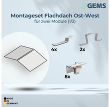 GEMS Logo. Kit de montage GEMS pour toit plat est-ouest pour deux modules photovoltaïques avec supports, fixations et sceau Made in Germany.