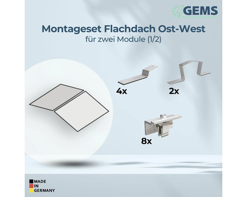 GEMS Logo. Kit de montage GEMS pour toit plat est-ouest pour deux modules photovoltaïques avec supports, fixations et sceau Made in Germany.