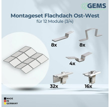 Kit de montage pour toit plat, orientation est-ouest, pour douze modules, composé d'équerres de montage et de bornes