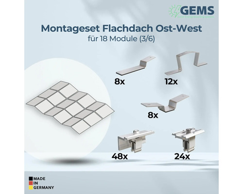 Flachdach Montageset Ost-West für 18 Module mit Bauteilen und Made in Germany Siegel