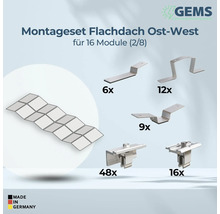 Kit de montage pour toit plat est-ouest pour 16 modules avec divers éléments de montage et le label Fabriqué en Allemagne