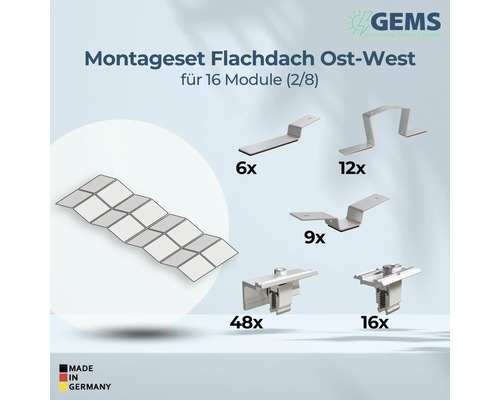 Montageset für Flachdach Ost-West für 16 Module mit verschiedenen Montageelementen und Made in Germany Siegel