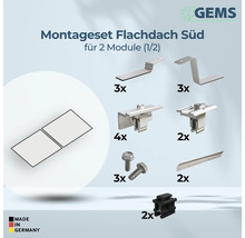 Kit de montage pour toits plats pour l'installation de deux panneaux solaires avec le logo GEMS et le label Made in Germany.