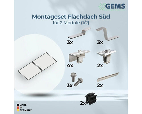 Montageset für Flachdächer zur Installation von zwei Solarmodulen mit GEMS Logo und Made in Germany Siegel.