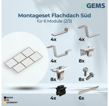 Kit de montage pour toit plat sud pour six modules avec équerres de montage, brides de module, vis, clips de câble et rails