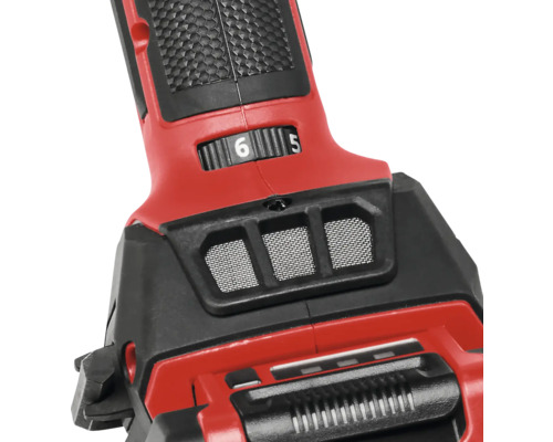 Detailansicht einer roten und schwarzen Elektrohobelmaschine mit Drehzahlregler