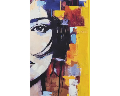 Tableau avec portrait de femme abstrait dans un cadre jaune