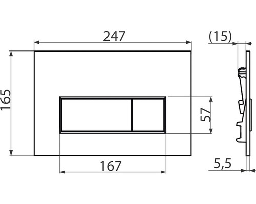 Technische Zeichnung einer Betätigungsplatte für ein WC mit Maßangaben.